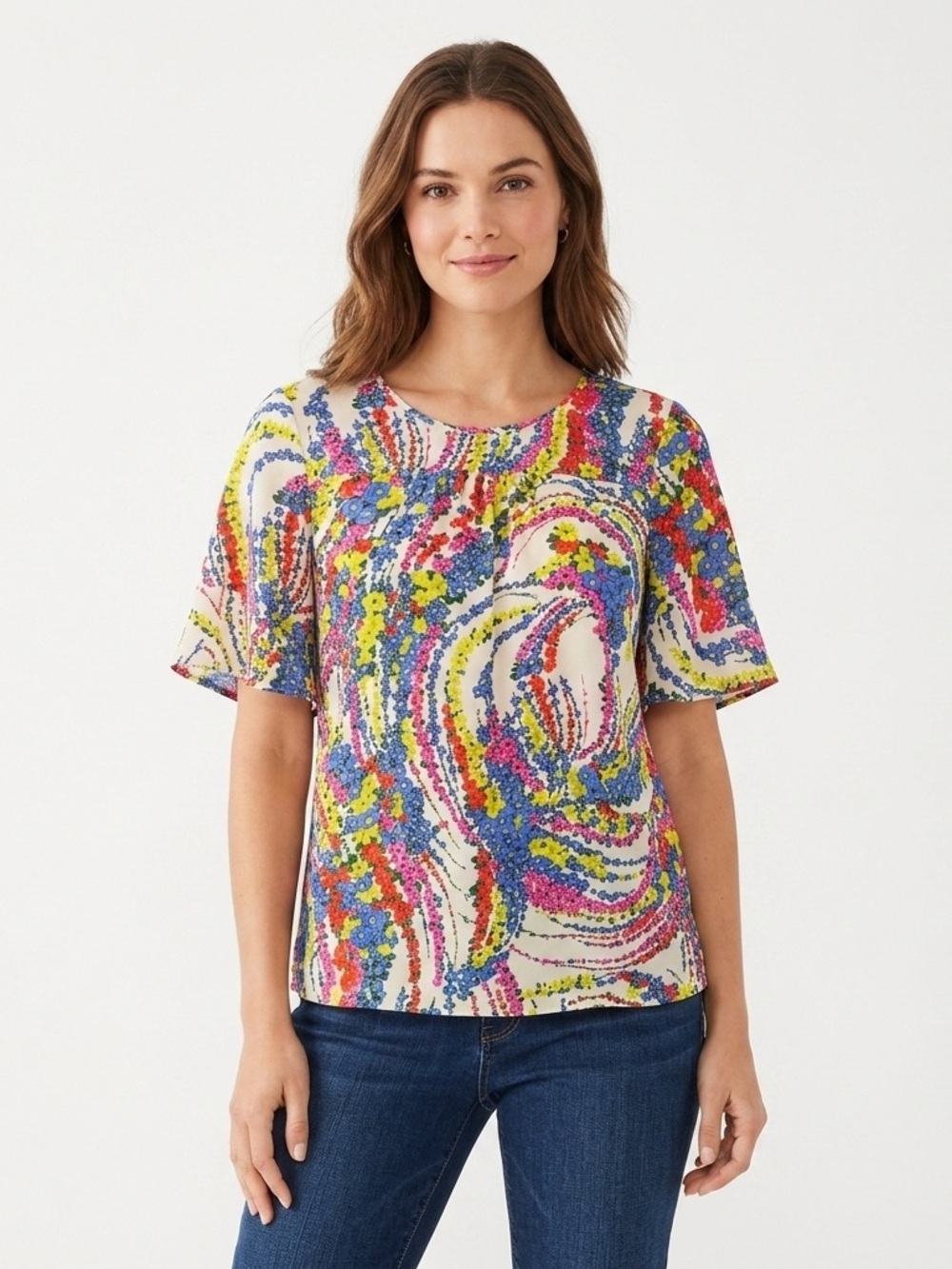 ⁠Talbots Vibrant Multi Color Floral Flutter Sleeve Crewneck Blouse MP